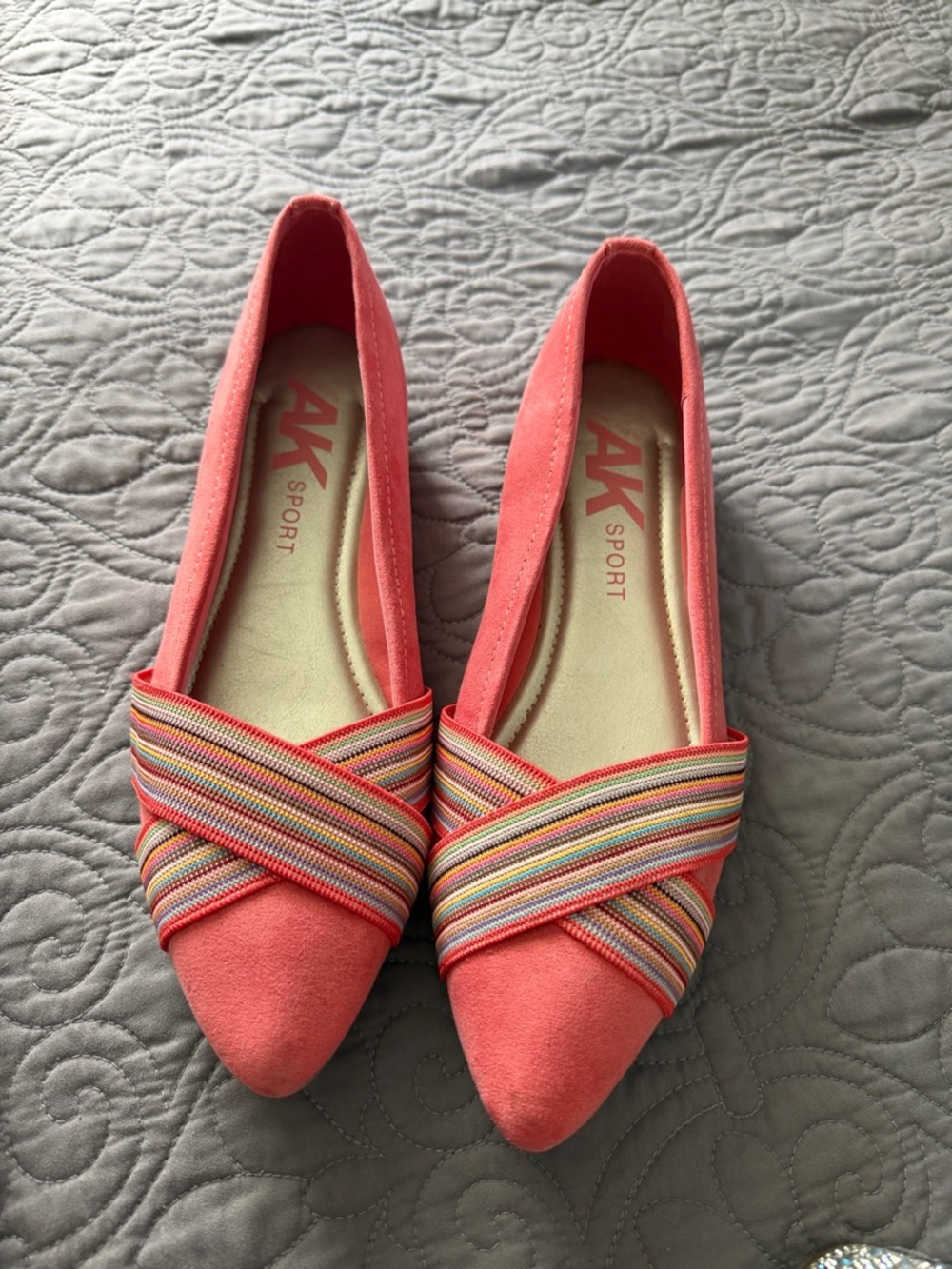 Anne Klein Coral Pointed-Toe Flats with Striped Elastic Cross-Bands
